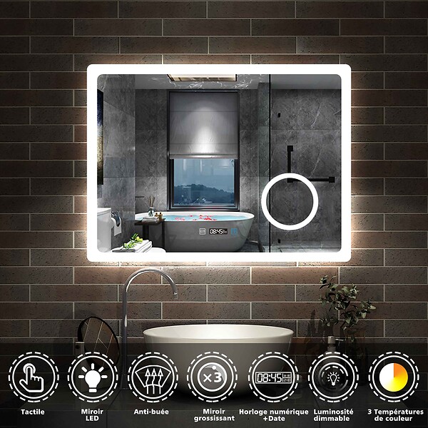 AICA SANITAIRE - AICA Miroir salle de bain à horloge LED tricolore réglable avec miroir anti-buée et grossissant,horizontal 120*70cm - large