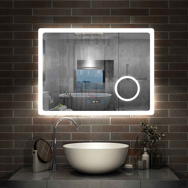 AICA SANITAIRE - AICA Miroir salle de bain à horloge LED tricolore réglable avec miroir anti-buée et grossissant,horizontal 120*70cm - large