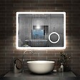 AICA SANITAIRE - AICA Miroir salle de bain à horloge LED tricolore réglable avec miroir anti-buée et grossissant,horizontal 120*70cm - vignette