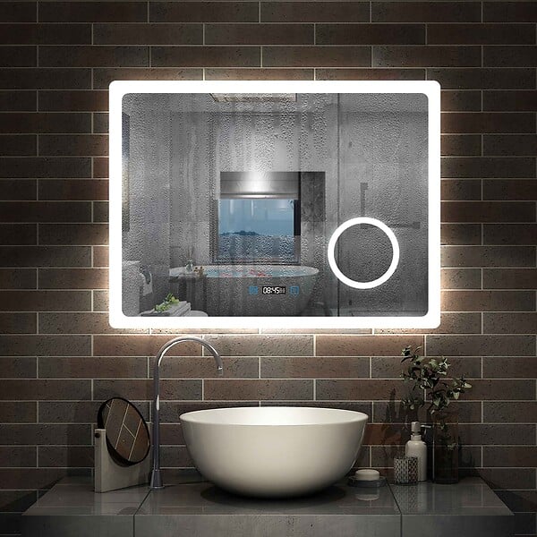AICA SANITAIRE - AICA Miroir salle de bain à horloge LED tricolore réglable avec miroir anti-buée et grossissant,horizontal 100*60cm - large