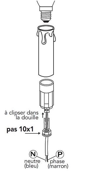 TIBELEC - Bougie plastique blanc - Douille E14 pré-câblée - 60W - large