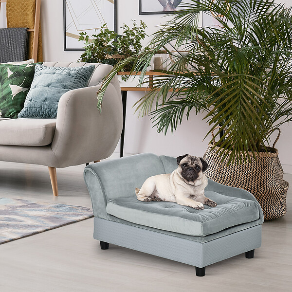 PAWHUT - Canapé Chien Chat sur Pied avec Coffre de Rangement Style Moderne Coussin d'assise Amovible Grand Confort 76 x 45 x 41,5 cm Bleu - large