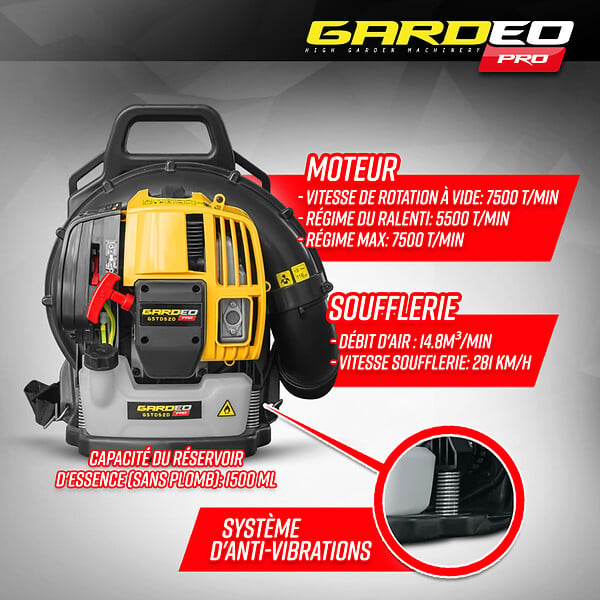 GARDEO PRO - Souffleur thermique dorsal 52CC - 281km/H - large