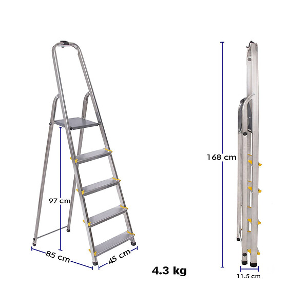 HOSTRÃ–M - Escabeau 5 marches DURA pliable, marchepied léger en aluminium, hauteur plateforme 97cm, pieds antidérapants, charge 150kg, garantie 5 ans Hoström - large