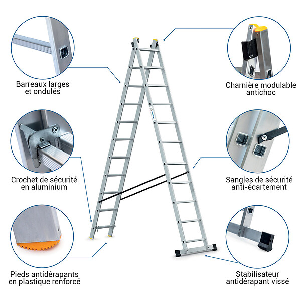 HOSTRÃ–M - Echelle transformable 2 plans StablePro 2x11 marches aluminium extensible coulissante, 3 positions, hauteur travail max 5,78m, garantie 5 ans, Hostrom - large