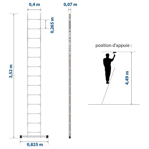 HOSTRÃ–M - Echelle simple StablePro 13 marches en aluminium, légère et durable, hauteur de travail maximale 4,49m, garantie 5 ans, charge maximale 150kg, Hostrom - large