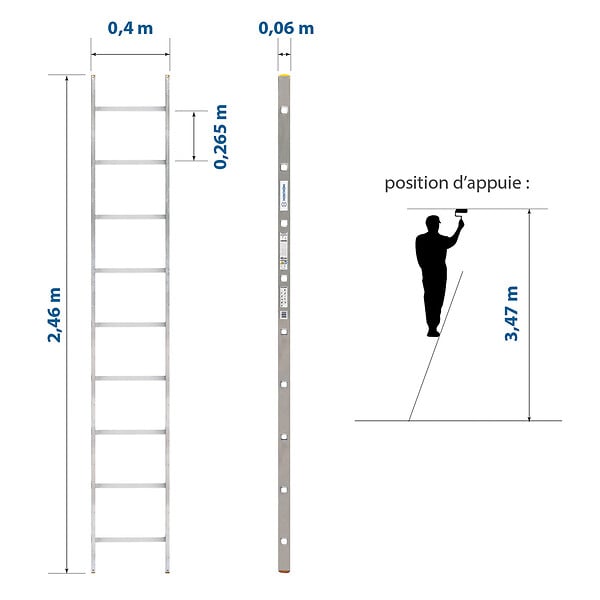 HOSTRÃ–M - Echelle simple StablePro 9 marches en aluminium, légère et durable, hauteur de travail maximale 3,47m, garantie 5 ans, charge maximale 150kg, Hostrom - large