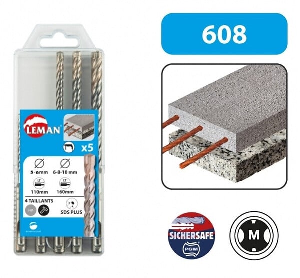 LEMAN - Coffret 5 forets sds+ 4 taillants béton armé 614.000.05 Leman - large