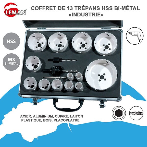 LEMAN - Coffret de 13 trépans HSS bi-métal LEMAN 5013 - 18 pièces - large