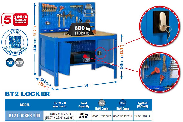 SIMON RACK - SimonRack - Kit Etabli avec un verrou 1440x900x600mm Charge 400 Kg - BT2 LOCKER 900 BLEU SIMONRACK - large