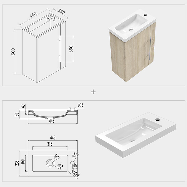 AICA SANITAIRE - Aica Sanitaire Ensemble meuble bois et vasque 44cm meubles de salle de bain meuble sur pieds 1 porte - large