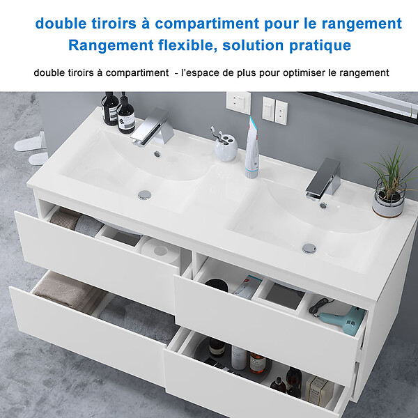 AICA SANITAIRE - Aica Sanitaire 120(L)x46(P)x52(H)cm Meuble salle de bain blanc avec 4 tiroirs à une fermeture amortie avec deux vasques à suspendre - large