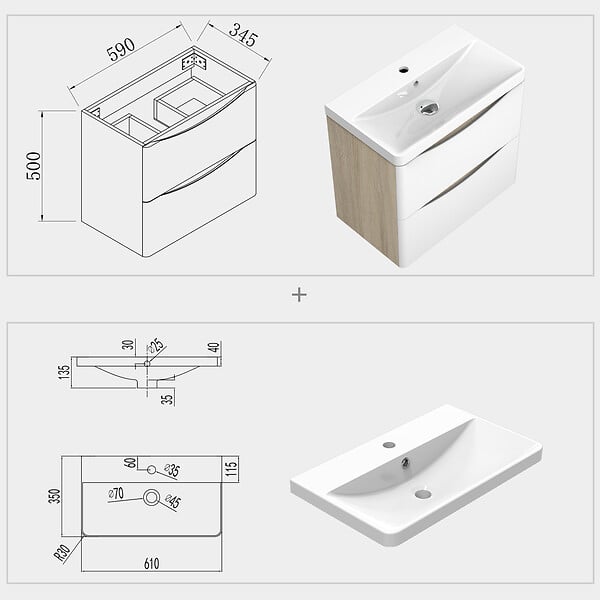 AICA SANITAIRE - Aica Sanitaire Ensemble meuble bois clair et vasque 60cm meuble salle de bain meuble sur pieds 2 tiroirs - large