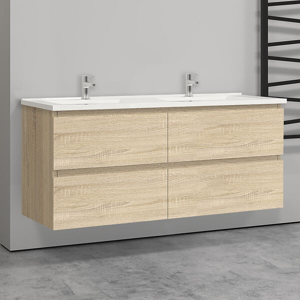 AICA SANITAIRE - Aica Sanitaire 120(L)x46(P)x52(H)cm Meuble salle de bain naturel avec 4 tiroirs à une fermeture amortie avec deux vasques à suspendre - large