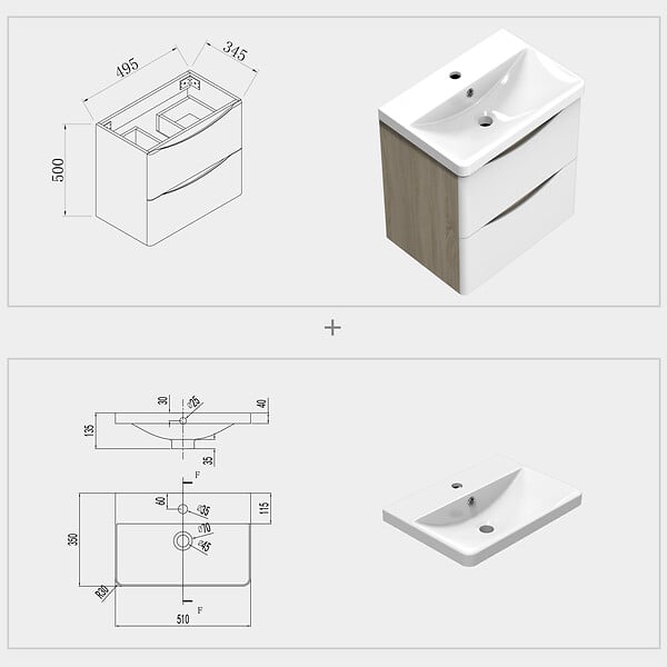AICA SANITAIRE - Aica Sanitaire Ensemble meuble bois clair et vasque 50cm meubles de salle de bain meuble sur pieds 2 tiroirs - large