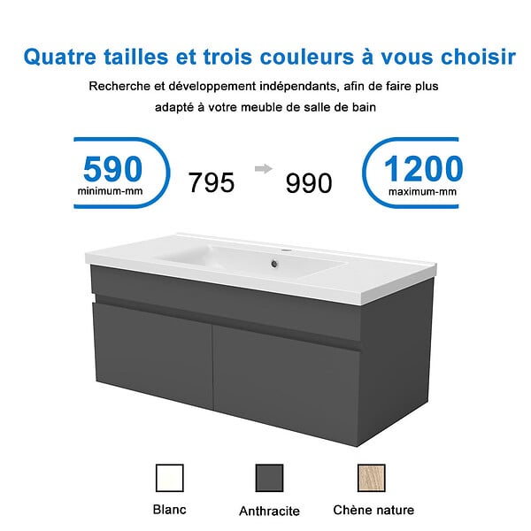 AICA SANITAIRE - Aica Sanitaire 99(L)x45(W)x40cm(H)cm Meuble salle de bain anthtacite 2 portes avec une vasque à suspendre - large