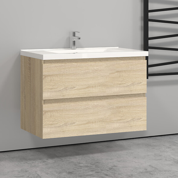 AICA SANITAIRE - Aica Sanitaire 79(L)x44.5(W)x52(H)cm Meuble salle de bain naturel avec 2 tiroirs à une fermeture amortie avec une vasque à suspendre - large