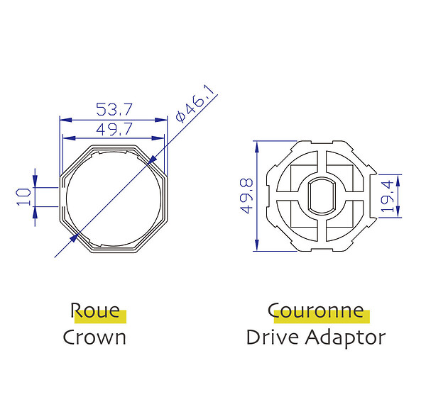 AVOSDIM - Adaptations moteur Avosdim - Axe octogonal Ø52 mm - Pour moteur Ø45mm - large