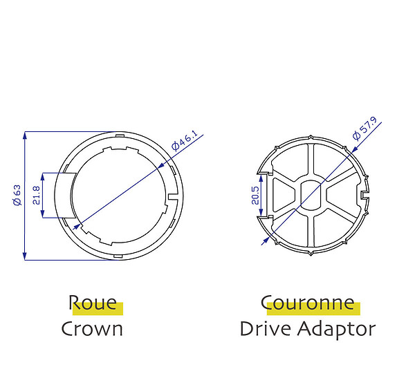 AVOSDIM - Adaptations moteur Avosdim - Axe Deprat DP62 Ø45mm - Pour moteur Ø45mm - large