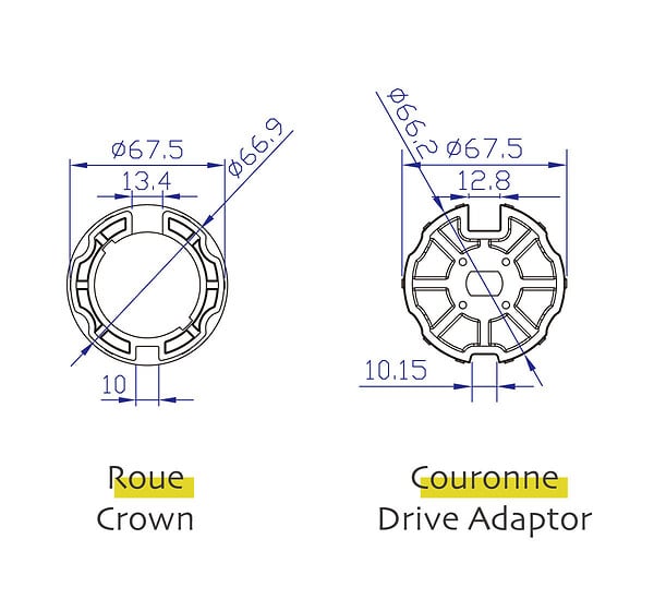 AVOSDIM - Adaptations moteur Avosdim - Axe ogive Ø70mm - pour Moteur Ø45mm - large