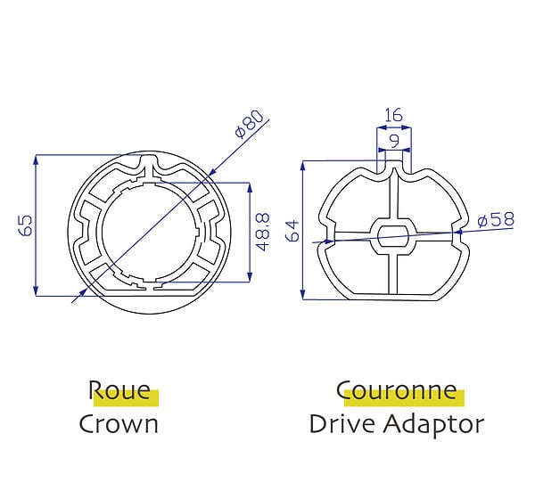 AVOSDIM - Adaptations moteur Avosdim - Axe ZF - Ø80mm - pour Moteur Ø45mm - large