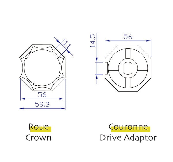 AVOSDIM - Adaptations moteur Avosdim - Axe octogonal Ø60mm - pour Moteur ø45mm - large