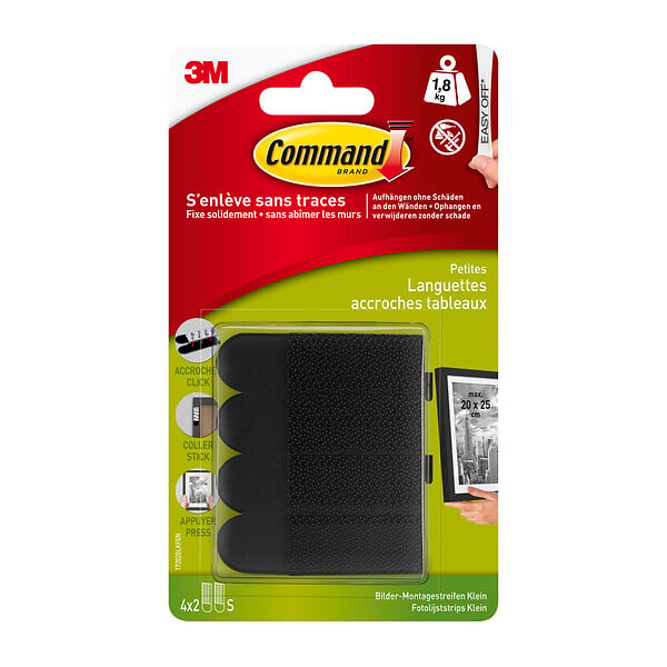 3M - Languettes de fixation tableaux plastique Noir lot 8 pièces - large