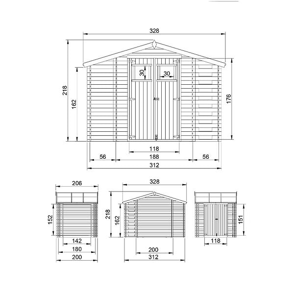 TIMBELA - Abri de jardin en bois et range bûches AVEC SOL TRAITÉ I206xL328xH218 cm/ 5,41 m2 - M389+M389G - large