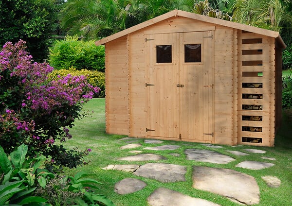 TIMBELA - Abri de jardin en bois et range bûches AVEC SOL TRAITÉ I206xL328xH218 cm/ 5,41 m2 - M389+M389G - large