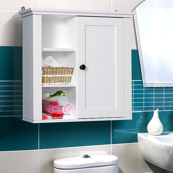 HOMCOM - Armoire haute murale de salle de bain ou WC placard 1 porte 3 niches dim. 53L x 14,5l x 50,5H cm MDF panneaux particules blanc - large
