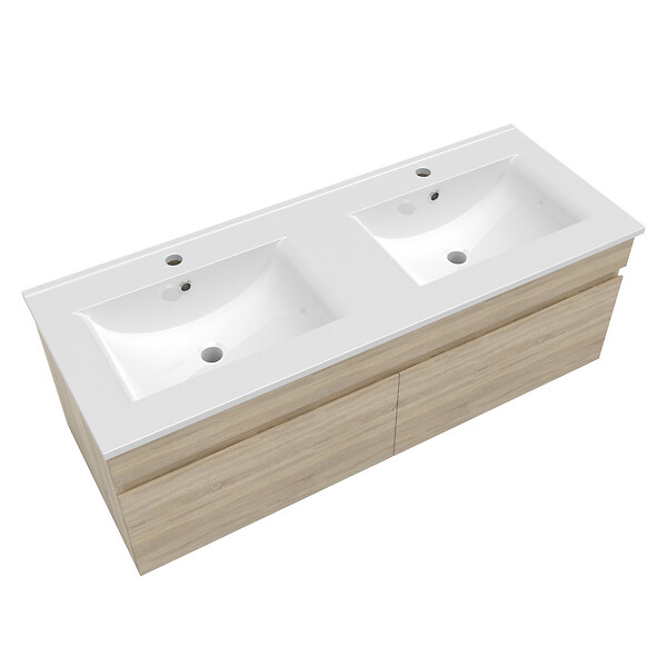 AICA SANITAIRE - Aica Sanitaire 120(L)x45(W)x40(H)cm Meuble salle de bain natural avec 2 portes à une fermeture amortie avec 2 vasques à suspendre - large