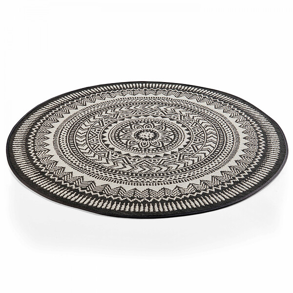 OVIALA - Tapis rond polypropylène noir 160cm - Mandala - large