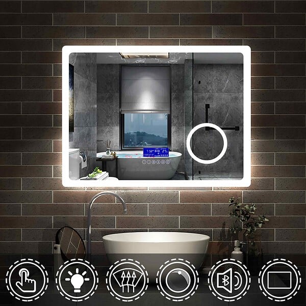 AICA SANITAIRE - AICA Miroir simple de salle de bain tricolore réglable LED avec bluetooth, anti-buée et miroir grossissant, horizontal 80*60cm - large