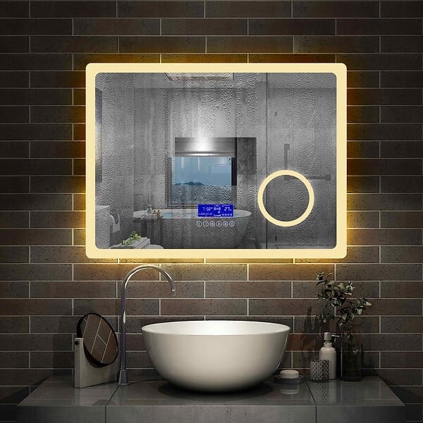 AICA SANITAIRE - AICA Miroir simple de salle de bain tricolore réglable LED avec bluetooth, anti-buée et miroir grossissant, horizontal 80*60cm - large