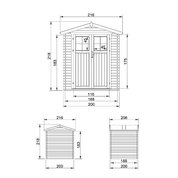 TIMBELA - Abri de jardin en bois AVEC SOL TRAITÉ - I216xL206xH218 cm/3.53 m2 - porte verrouillable de haute qualité - M343F+M343G - large