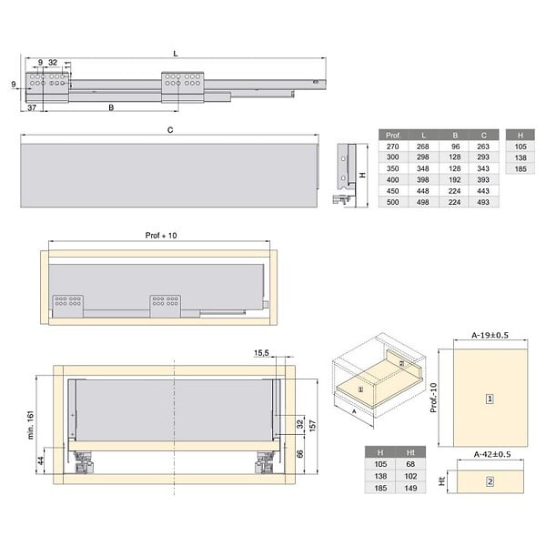 EMUCA - Kit de tiroir pour cuisine et sdb Concept - H. 138mm - P. 450mm - Fermeture amortie - Acier - Blanc - large