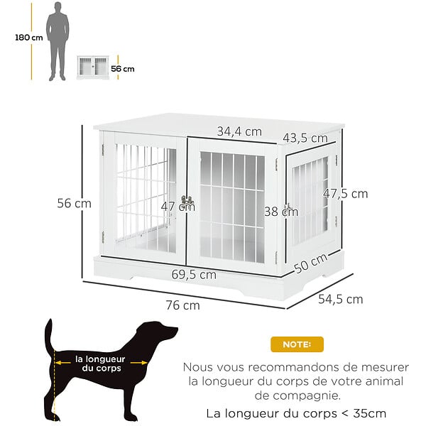 PAWHUT - Cage pour chien animaux table d'appoint 2 en 1 - 2 portes verrouillables - dim. 76L x 54,5l x 56H cm - MDF acier blanc - large