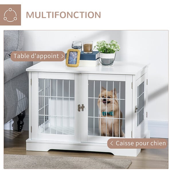 PAWHUT - Cage pour chien animaux table d'appoint 2 en 1 - 2 portes verrouillables - dim. 76L x 54,5l x 56H cm - MDF acier blanc - large