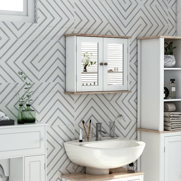 HOMCOM - Armoire murale de salle de bain avec étagère réglable et 2 portes avec miroir en MDF - dim. 56I x 14P x 46H cm - large