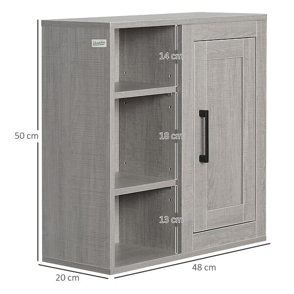 KLEANKIN - Armoire haute murale de salle de bain ou WC placard 1 porte 3 niches dim. 48L x 20l x 50H cm panneaux particules gris - large
