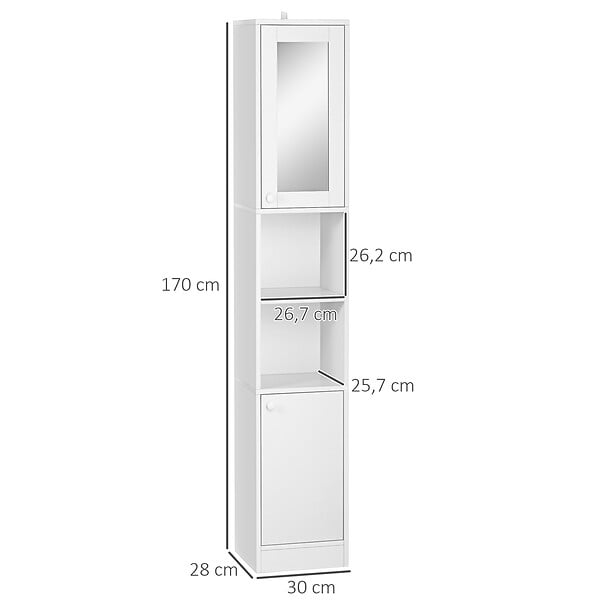 KLEANKIN - Meuble colonne de salle de bain 2 portes avec étagères réglables 2 niches miroir panneaux particules blanc - large