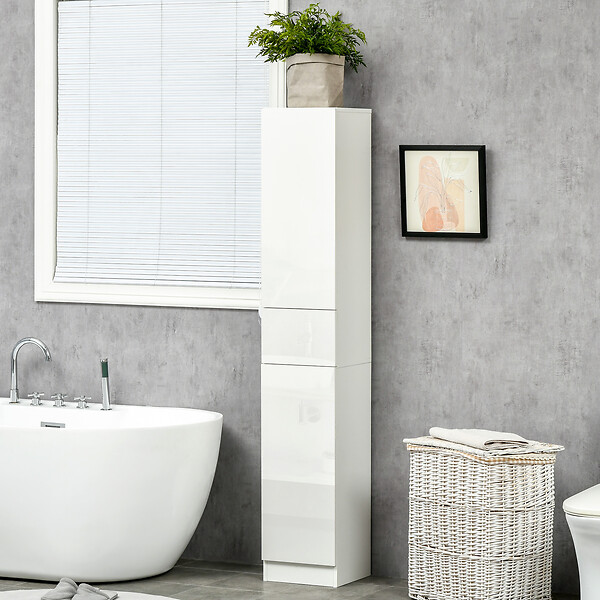 KLEANKIN - Meuble colonne rangement salle de bain style contemporain façade laquée 2 portes 3 étagères tiroir panneaux MDF blanc - large