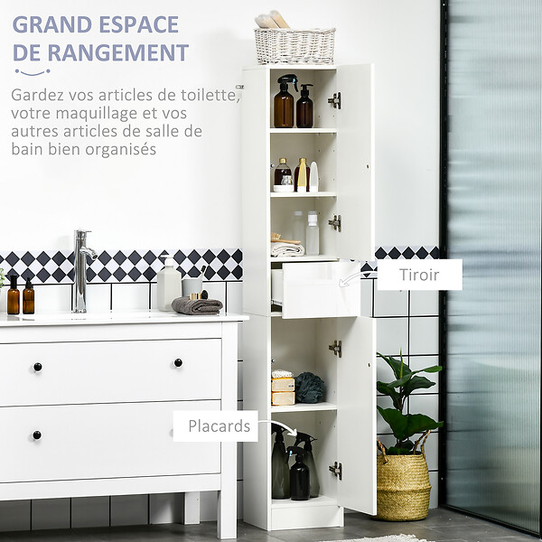 KLEANKIN - Meuble colonne rangement salle de bain style contemporain façade laquée 2 portes 3 étagères tiroir panneaux MDF blanc - large