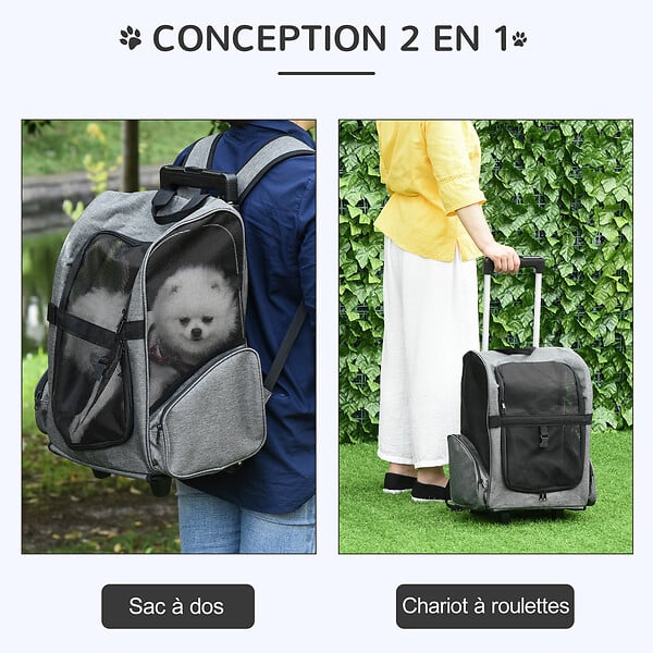 PAWHUT - 2 en 1 trolley chariot sac à dos sac de transport à roulettes pour chien chat gris - large