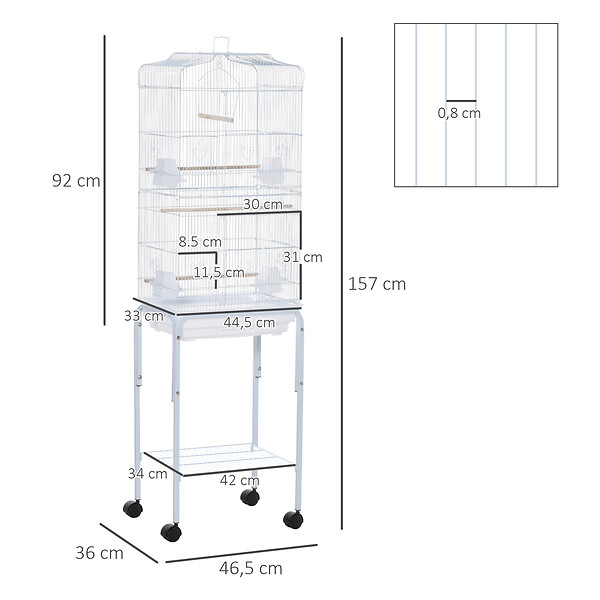 PAWHUT - PawHut Cage à oiseaux sur pied volière oiseaux sur roulettes avec toit ouvrant 3 perchoirs étagère inférieure 46,5 x 36 x 157 cm - large