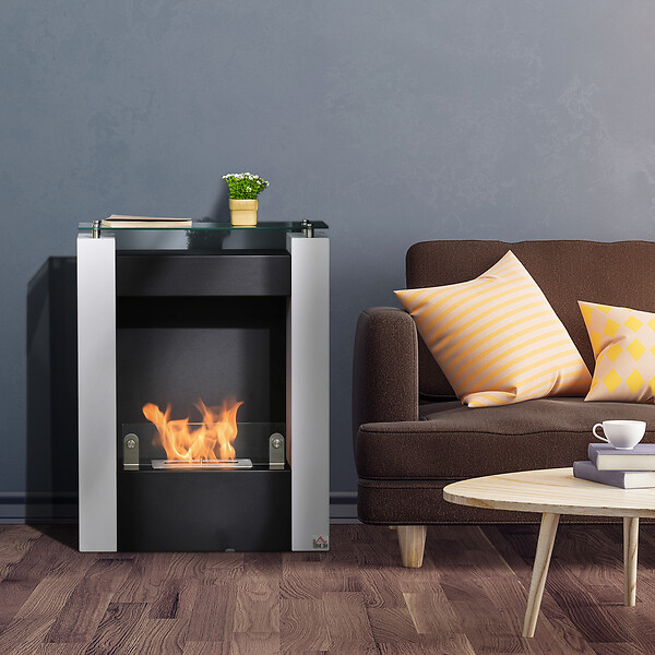 HOMCOM - Cheminée bioéthanol design contemporain - étagère, pare-feu verre trempé 6 mm - brûleur 0,9 L - contrôle de flamme et manche inclus - acier noir blanc - large