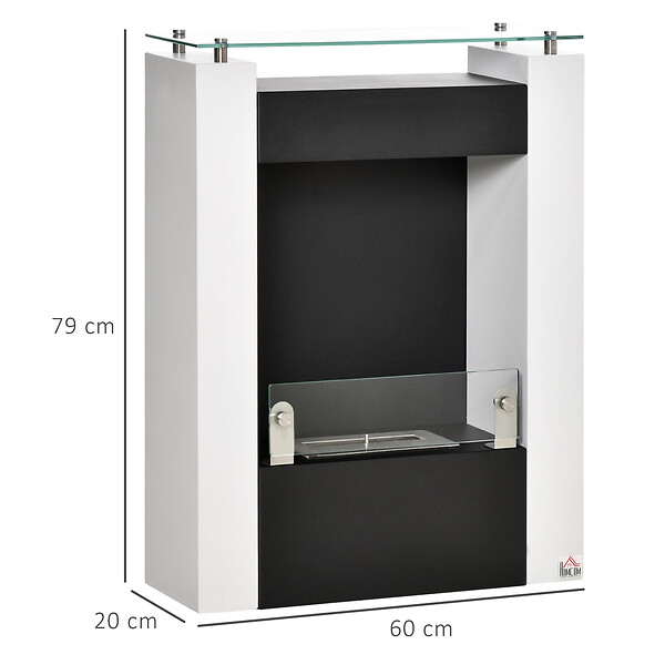 HOMCOM - Cheminée bioéthanol design contemporain - étagère, pare-feu verre trempé 6 mm - brûleur 0,9 L - contrôle de flamme et manche inclus - acier noir blanc - large