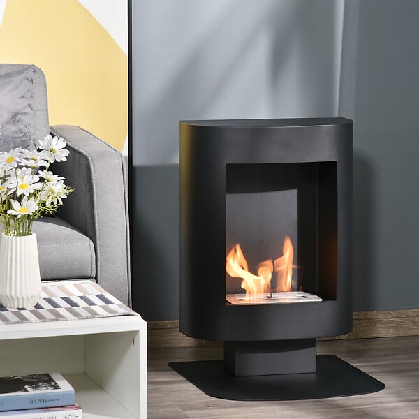 HOMCOM - Cheminée bioéthanol sur pied design contemporain - brûleur 1,5 L - contrôle de flamme et manche inclus - acier noir - large