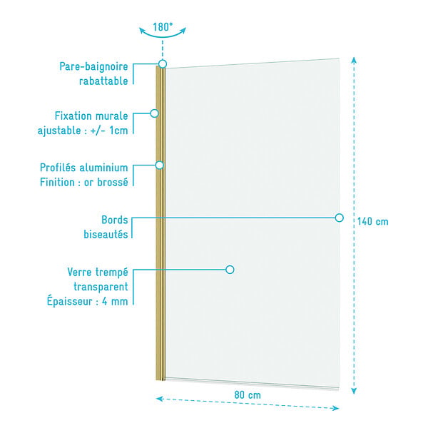 AURLANE - Pare baignoire Rabattable 80x140cm - Profilé Or Doré Brossé - Verre Trempé 4mm - ELEMENTARY - large