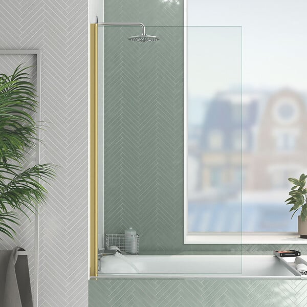 AURLANE - Pare baignoire Rabattable 80x140cm - Profilé Or Doré Brossé - Verre Trempé 4mm - ELEMENTARY - large